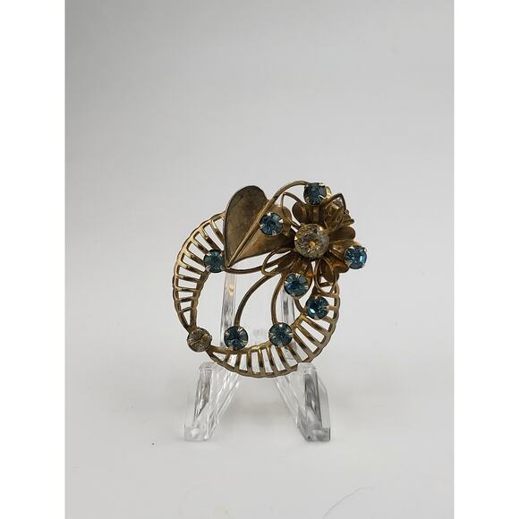 Vintage Jewelry - Vintage Blue Rhinestone Flower Heart Brooch Gold Tone Mid Century